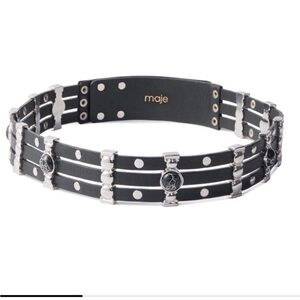 NWT Maje Black Leather Multi-Row Studded Waist Belt with Silver Emblems